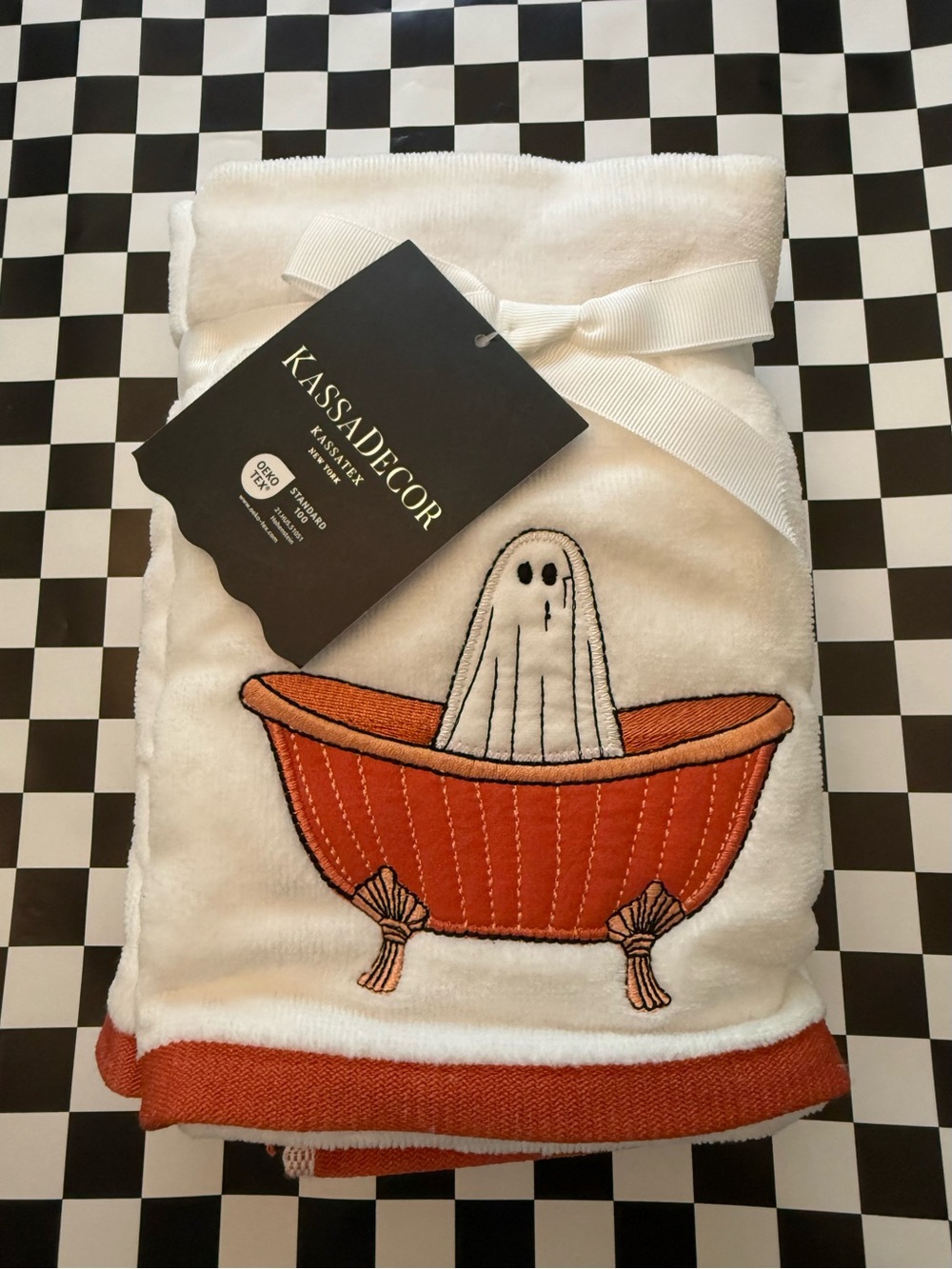 Kassatex White Hand Towels with Orange Bathtub Ghost Embroidery - Set of 2